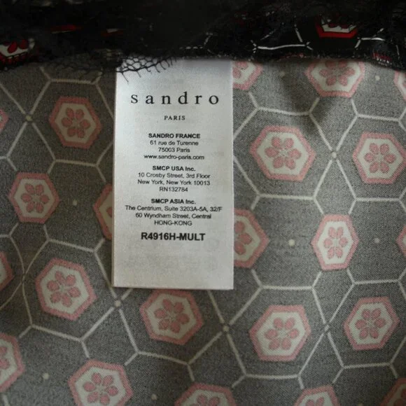 Sandro Paris Black Satin Red Floral Tie Neckline Lace Trim Mini Shift Dress 2 - Picture 6 of 6